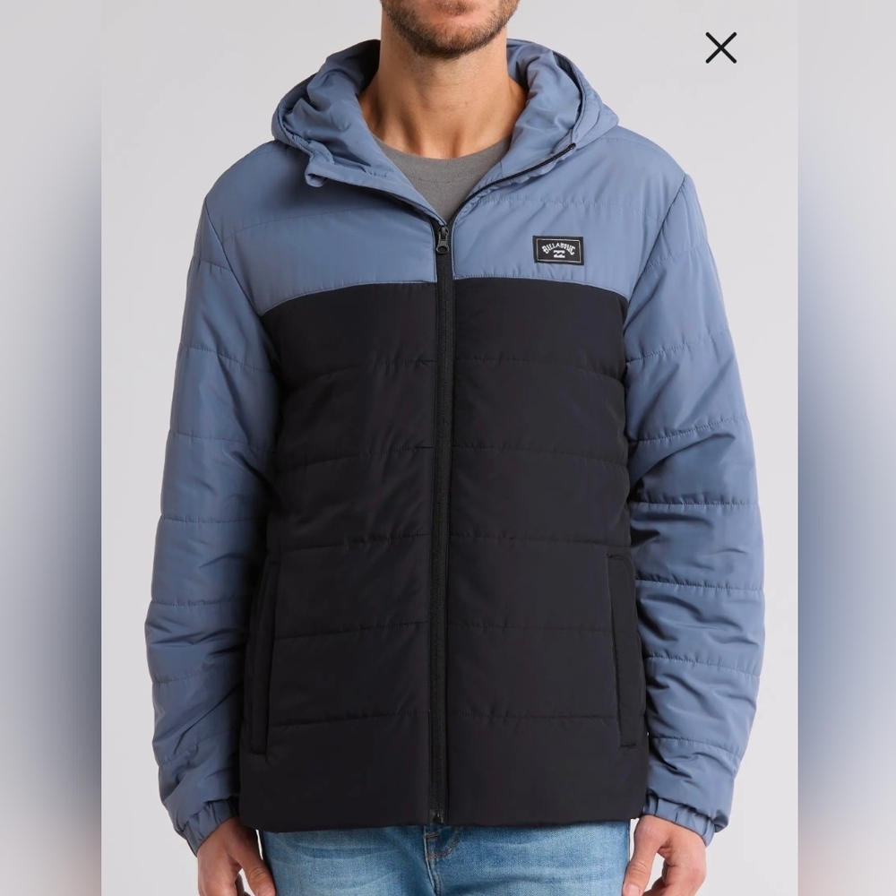 Billabong Men's Two-Tone Hooded Puffer Jacket - Light Blue & Black